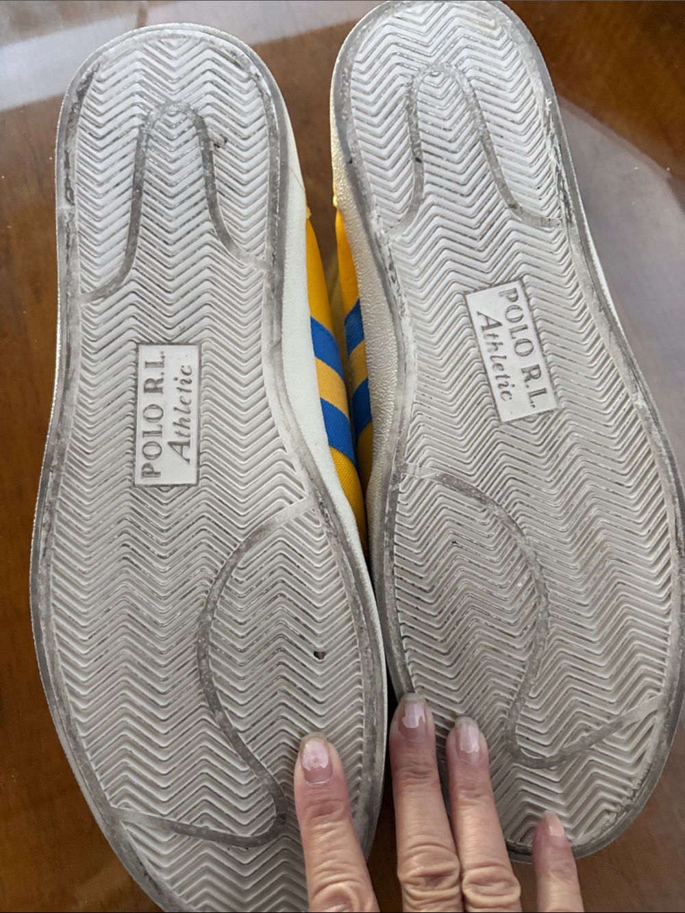 Polo by Ralph Lauren Men’s Yellow Sneakers with Blue Stripes - Picture 2 of 5